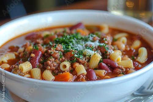 Pasta e Fagioli: A hearty soup with pasta and beans, in a thick tomato broth.