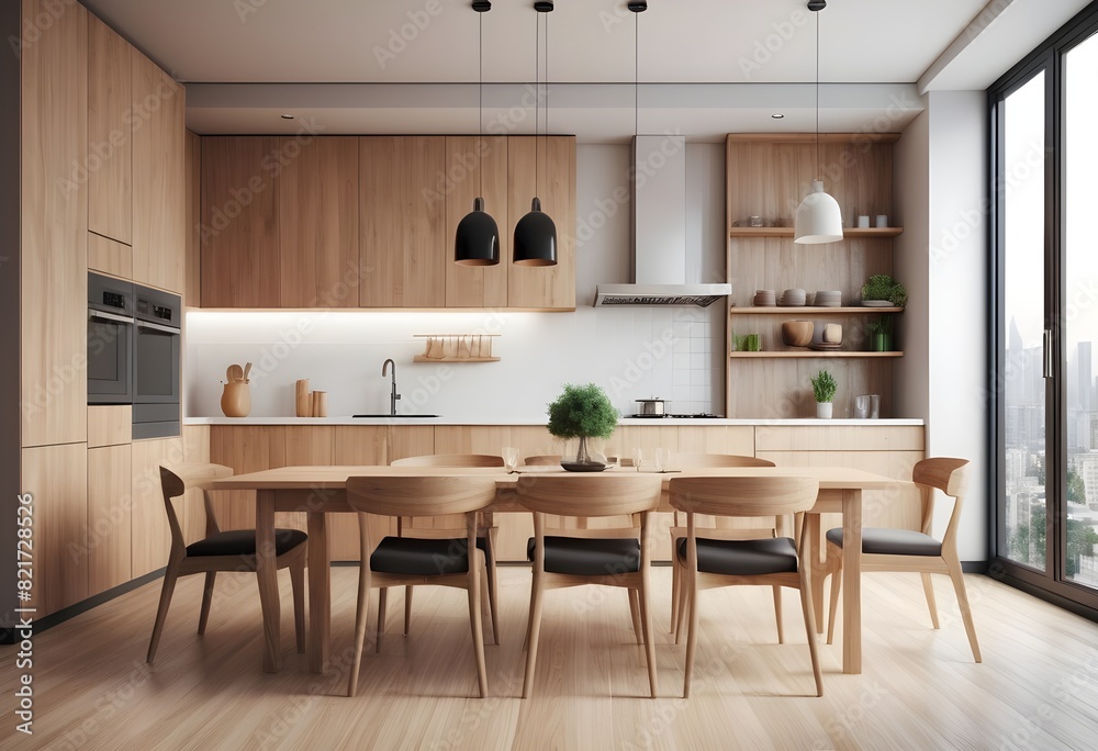 Modern kitchen interior with dining area on a cityscape background, showcasing wooden furniture and minimalist design. 3D Rendering