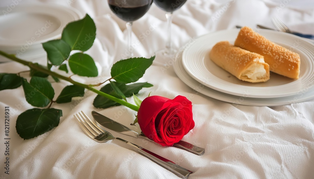 Generated image of rose and romantic dinner on the tray in bedroom Generated image of rose and romantic dinner on the tray in bedroom