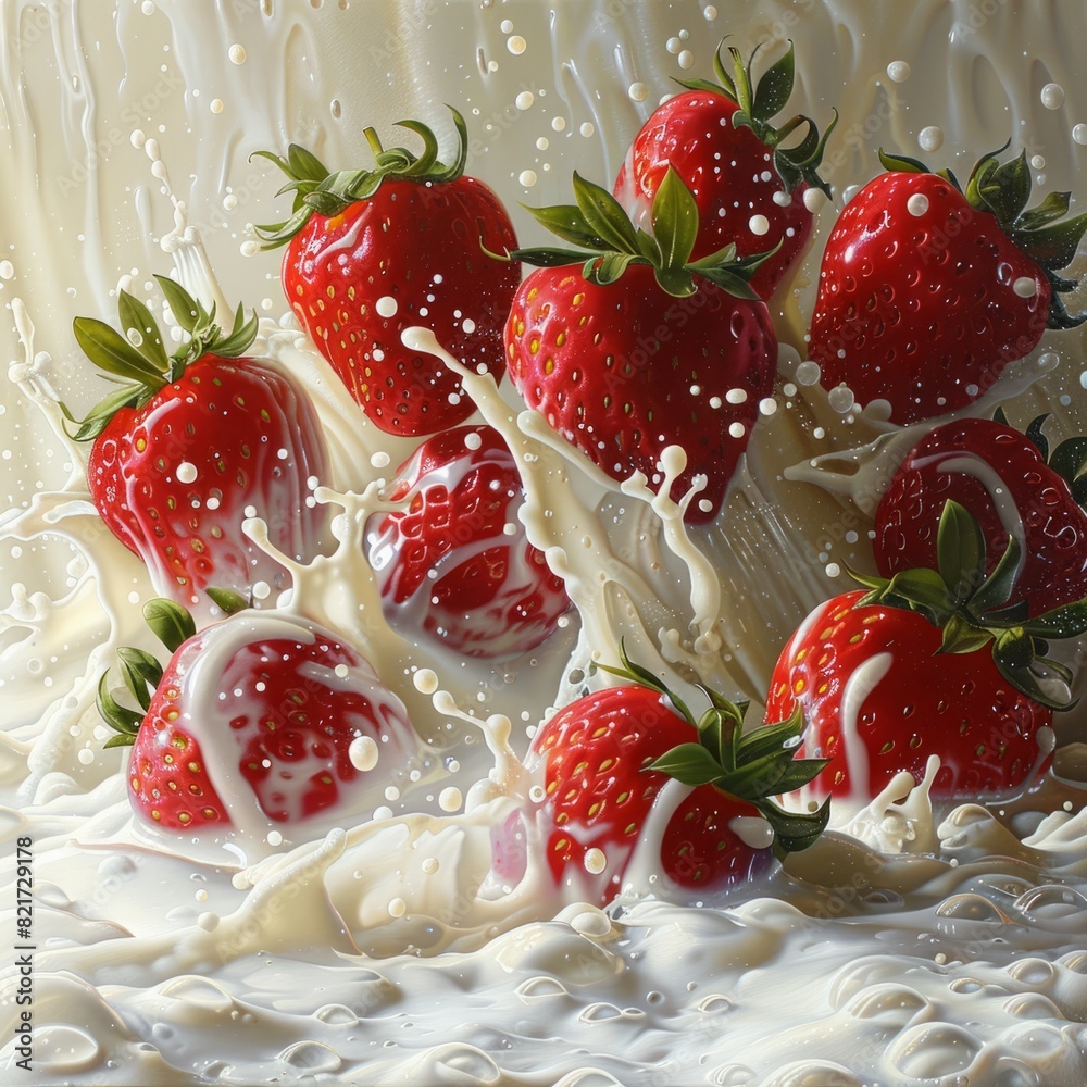 A wave of milk cascading over our fresh strawberries, showcasing their juicy sweetness. A wave of milk cascading over our fresh strawberries, showcasing their juicy sweetness.