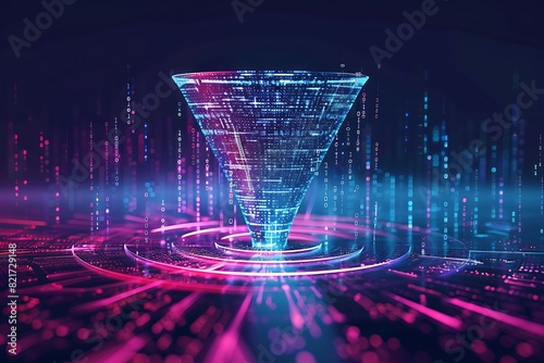 Big data technology and information funnel concept. Large digital funnel with online data as process of data collection, analysis, and transformation into useful information. Modern, digital style photo