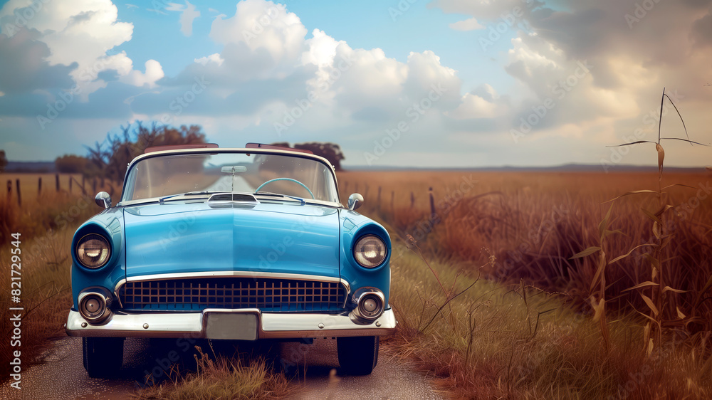 Blue retro car on a country road Blue retro car on a country road