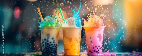 Vibrant bubble tea with splashes in an energetic, colorful setting photo