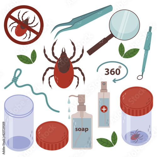 Set of items to pull tick out of skin. Stop ticks sign. Tweezers, magnifying glass, string, jar, soap, antiseptic. Encephalitis, parasite, forbidden circle