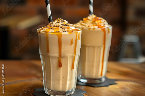 Gourmet caramel frappes with whipped cream photo