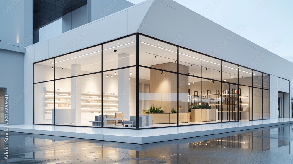 Modern and sleek architectural design of a storefront with transparent glass panels and minimalistic interior. Generative Ai Modern and sleek architectural design of a storefront with transparent glass panels and minimalistic interior. Generative Ai