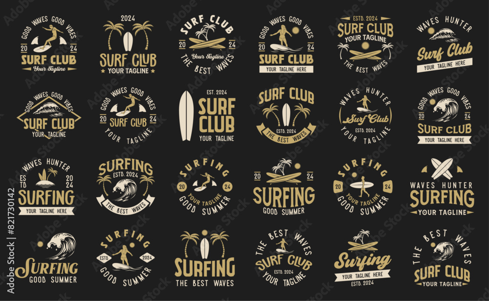 Vintage Surf club vector logo set template. Set of surfing emblems ...