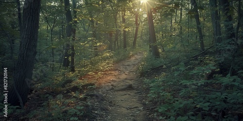 Sunlight filtering through a dense woodland trail photo