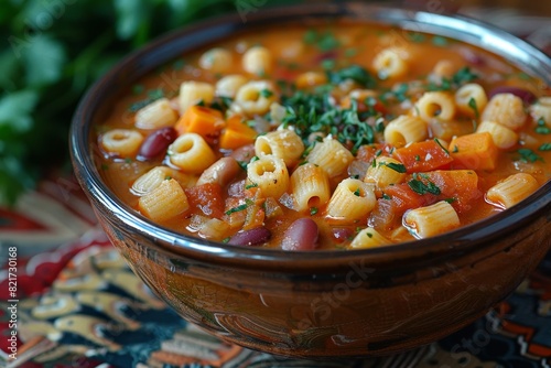 Pasta e Fagioli: A hearty soup with pasta and beans, in a thick tomato broth.