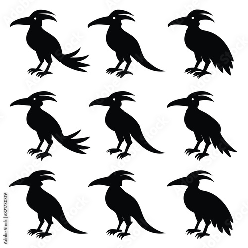 Set of Hornbill animal black Silhouette Vector on a white background