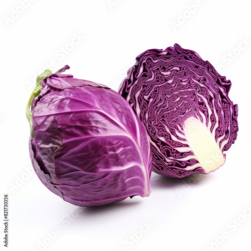 Whole and cut red cabbages on white background