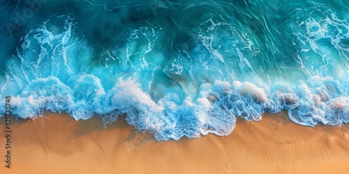 Dramatic Aerial Photograph of Waves Crashing Against the Beach. Turquoise Waters and Golden Sand, Travel Concept Background.
