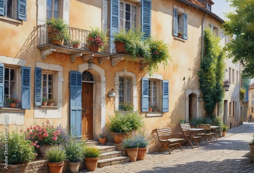 Scenic European Town Street with Colorful Buildings and Vibrant Gardens