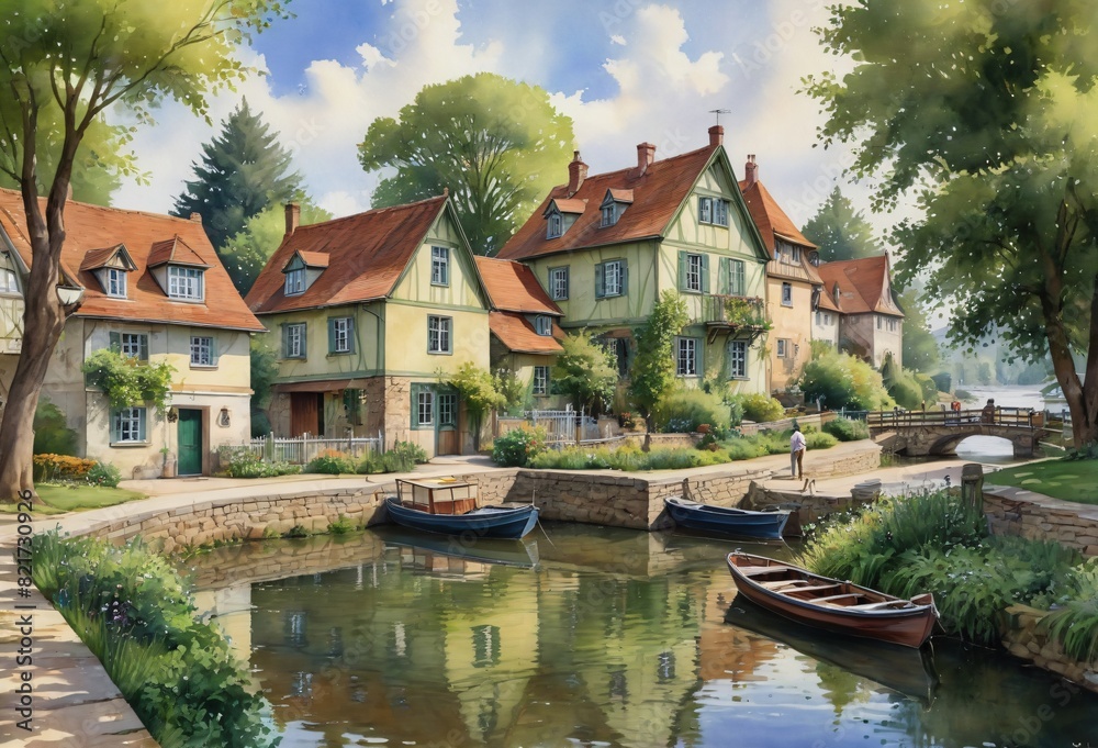 Artwork of a Scenic Village by the River Artwork of a Scenic Village by the River