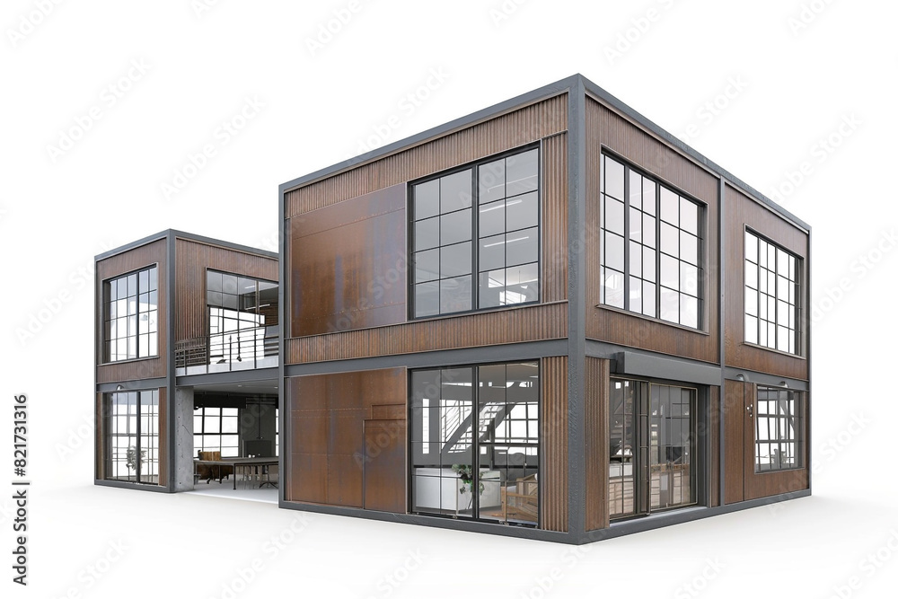 A 3D-rendered bronze modern American home with an industrial feel, featuring metal siding and large warehouse-style windows, on a white background.