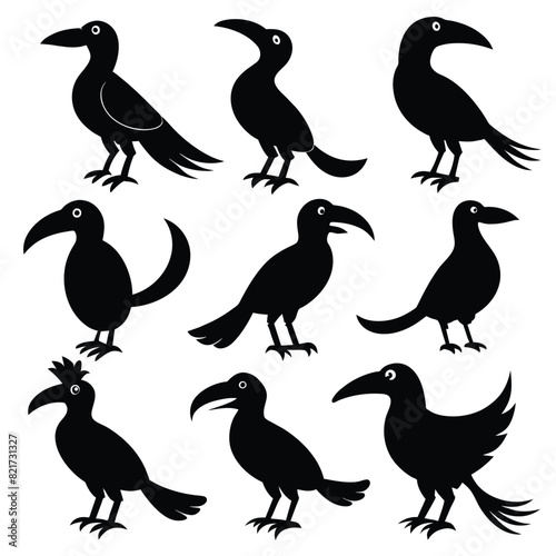 Set of Hornbill animal black Silhouette Vector on a white background