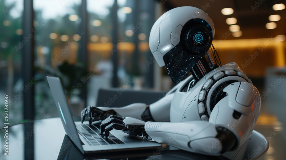 The robot automaton works at the computer. Automation support, artificial intelligence concept
The robot automaton works at the computer. Automation support, artificial intelligence concept