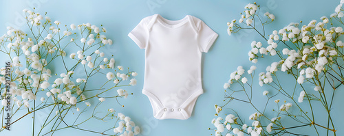 White cotton baby Blank bodysuit mockup on pastel blue background with white flowers. 