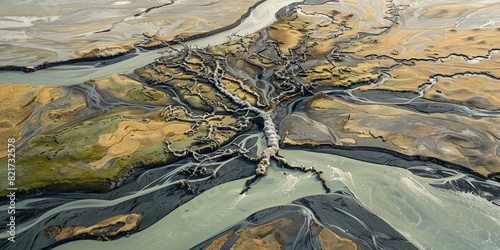 Aerial Photograph of a Glacial River Delta in Iceland with many meandering branches and veins