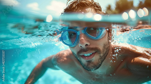 close-up underwater photo of man with goggles in swimming pool