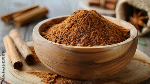 Cinnamon powder in a wooden bowl on a wooden background