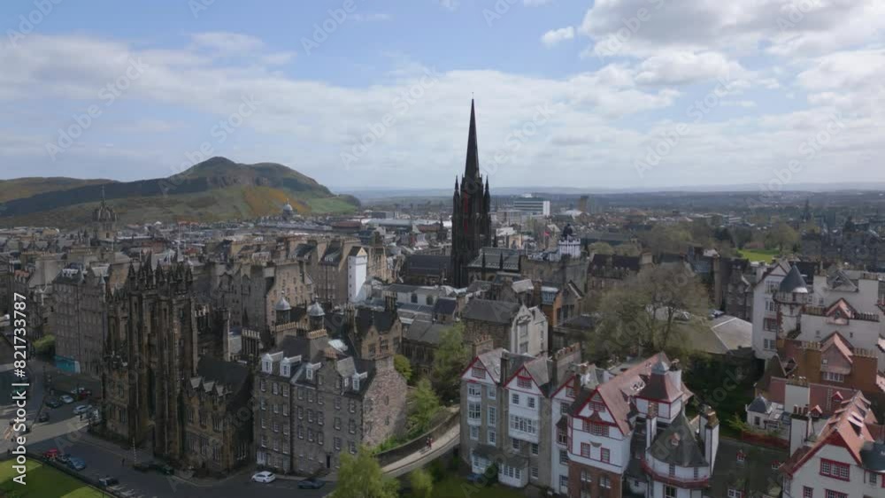 Gothic Spire of The Hub (Tolbooth Kirk), Edinburgh City Center AERIAL Gothic Spire of The Hub (Tolbooth Kirk), Edinburgh City Center AERIAL