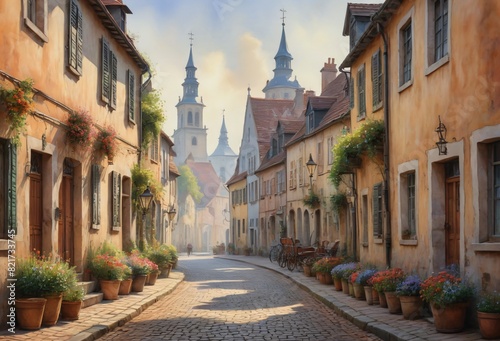 Rural European Village Scene with Old Buildings, Street Path, Potted Plants, and Hanging Flowers