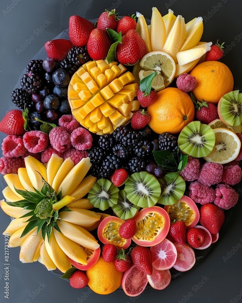 An Array of Exotic Fruits Arranged Artistically on a Platter, Offering a Refreshing and Healthy Treat An Array of Exotic Fruits Arranged Artistically on a Platter, Offering a Refreshing and Healthy Treat