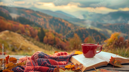 Cup of latte coffee with a book against the backdrop of autumn mountains
