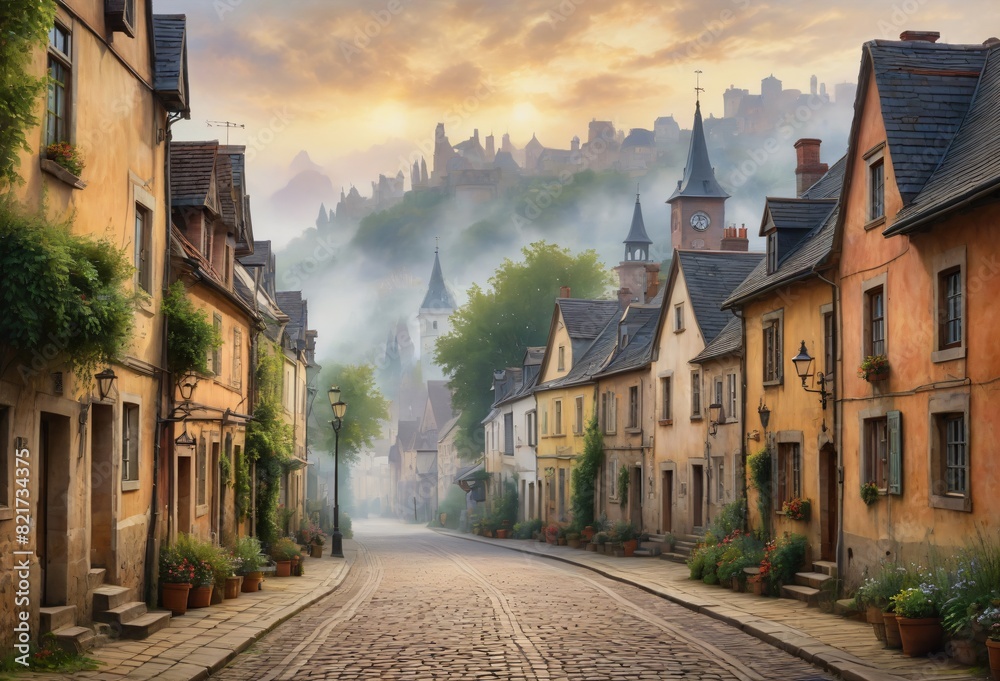 Naklejka premium Alpine Village Scene with Stone Buildings and Cobblestone Road