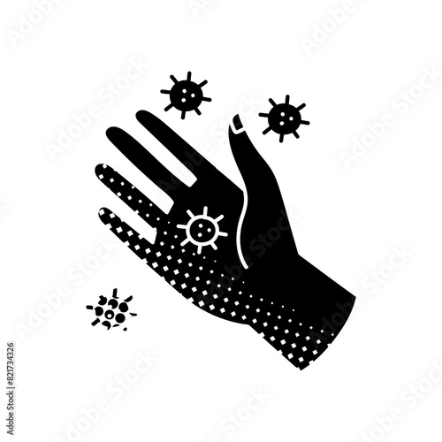 Viruses on human hand palm black hand drawn icon in halftone texture style
