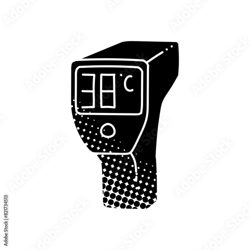 Digital thermo gun icon body temperature checking instrument black hand drawn icon in halftone texture style