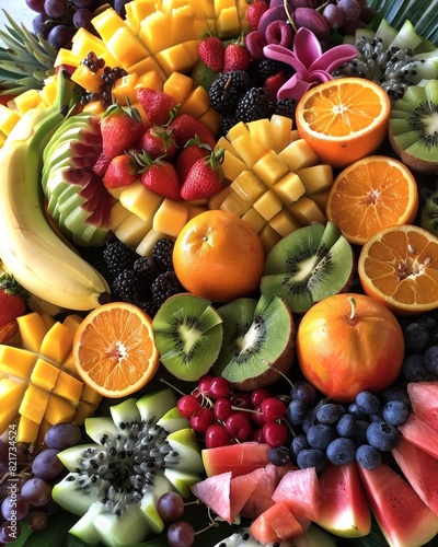 An Array of Exotic Fruits Arranged Artistically on a Platter, Offering a Refreshing and Healthy Treat photo