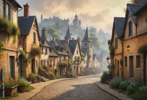 Artwork  A Medieval Townscape with Cobblestone Streets and Timber Houses