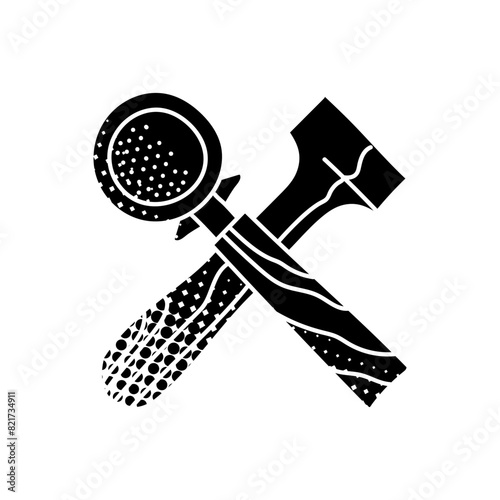 Coffee tamper and portafilter black hand drawn icon in halftone texture style