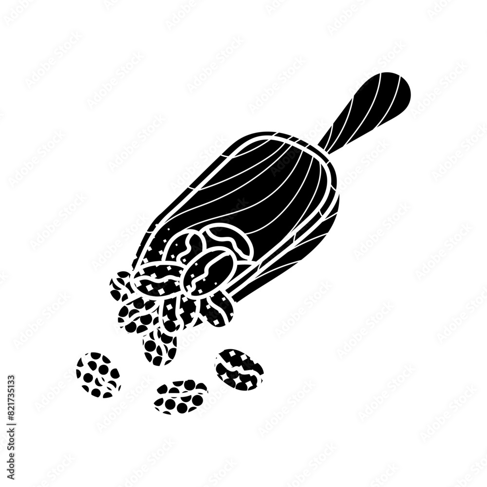 Coffee bean and wooden scoop black hand drawn icon in halftone texture style Coffee bean and wooden scoop black hand drawn icon in halftone texture style