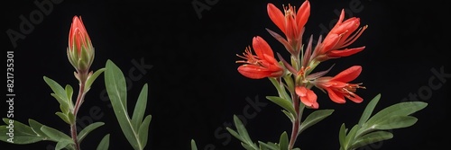 indian paintbrush flowers and leaves on plain black background from Generative AI