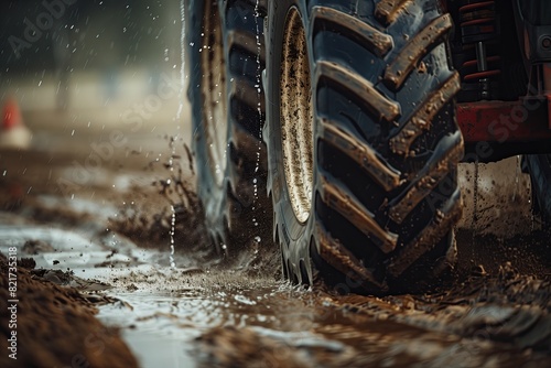 Construction site. Sleet. Soggy soil. Rubber. Climate. Machinery. Agriculture. Tractor wheels splashing mud. Field. Muddy terrain. Copy space. Big truck wheels driving in sludge