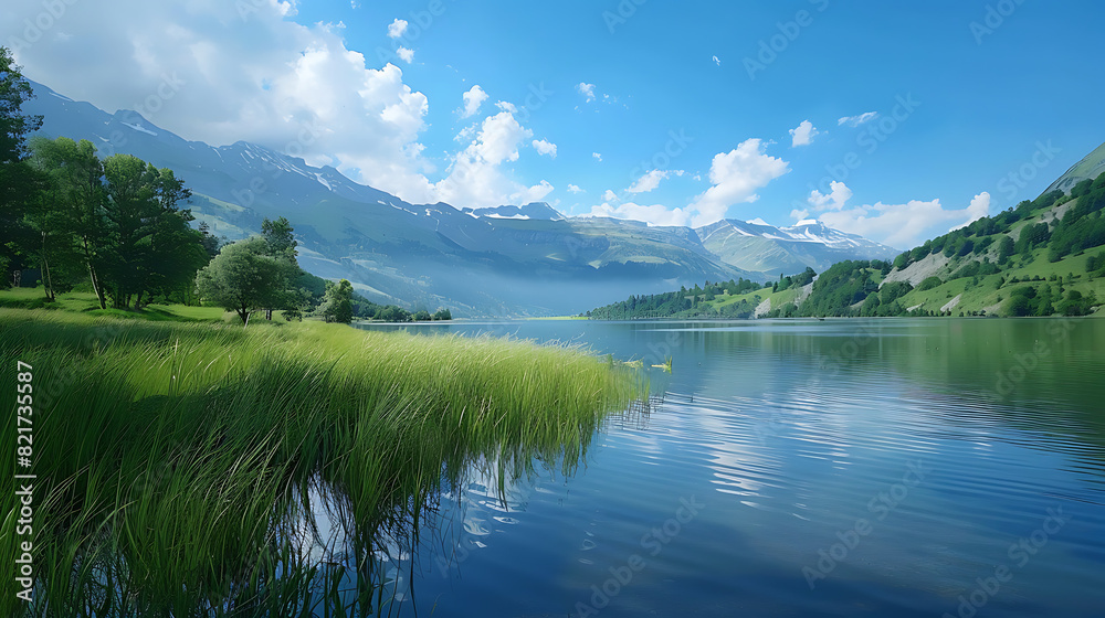 lake in the mountains and sky view