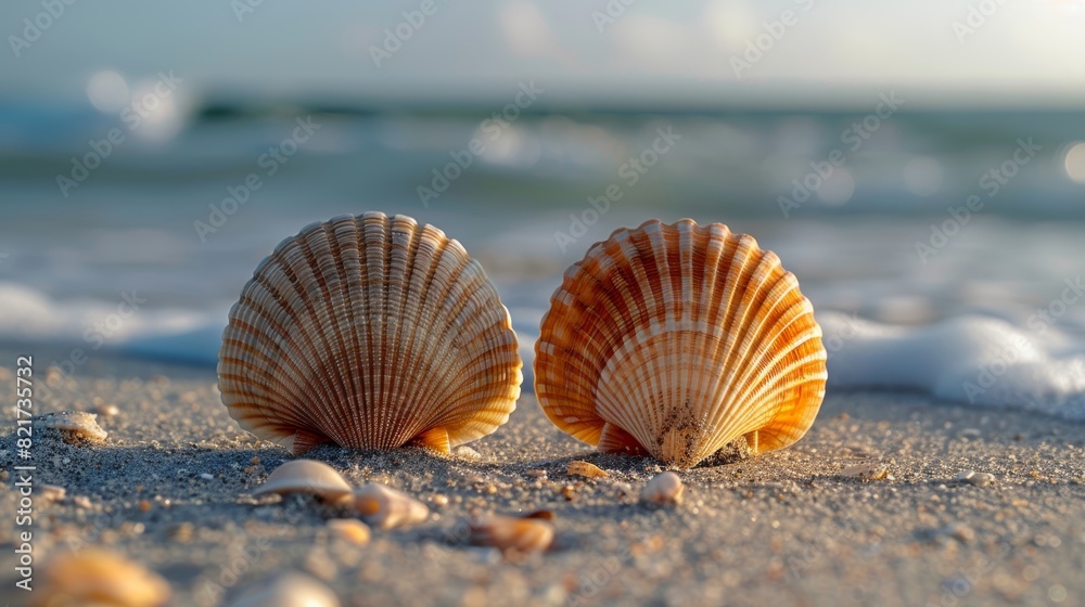 Two symmetrical seashells, placed next to each other on the beach, showcasing a natural matching pair. Two symmetrical seashells, placed next to each other on the beach, showcasing a natural matching pair.