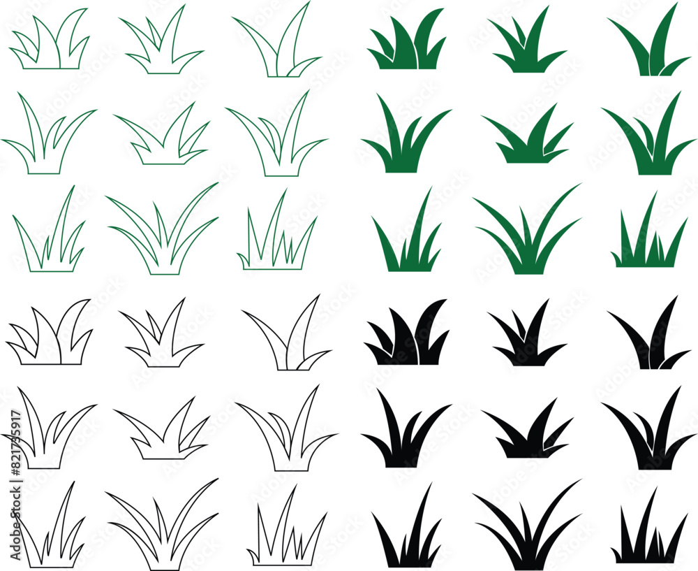 Set of Lawn grass Icons Set. Spring field planting shape lawn or garden editable stock on Transparent background. Cartoon of plants and shrub for boarding and framing, eco and organic logo elements.