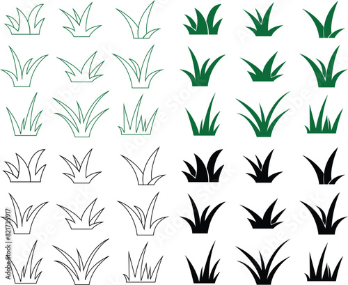 Fototapeta Naklejka Na Ścianę i Meble -  Set of Lawn grass Icons Set. Spring field planting shape lawn or garden editable stock on Transparent background. Cartoon of plants and shrub for boarding and framing, eco and organic logo elements.