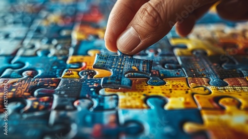 A close-up of a person s hand putting the last piece of a jigsaw puzzle into place  revealing the complete solution to the puzzle.