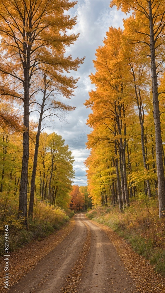 A scenic autumn landscape with a dirt path winding through a field lined with tall trees A scenic autumn landscape with a dirt path winding through a field lined with tall trees