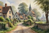 Artwork: Pastoral Scene with Village Houses, Dirt Road, and Church