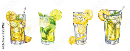 Collection of watercolor lemonade in glasses. Transparent glasses with lemonade drink, filled with lemon slices, ice cubes and mint leaves. Refreshing lemon drink png.