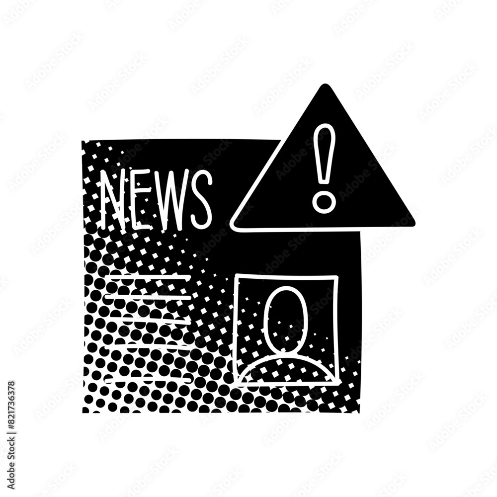 Fake news icon news paper with warning sign black hand drawn icon in halftone texture style Fake news icon news paper with warning sign black hand drawn icon in halftone texture style