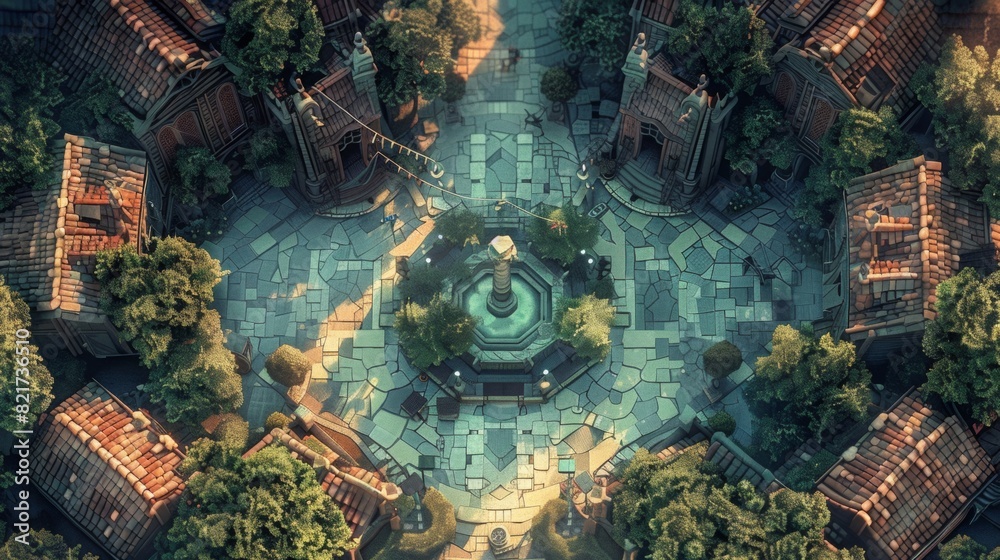 Fototapeta premium map of a village with a fountain in the square