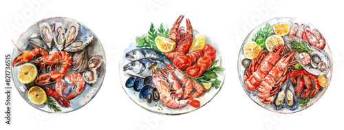 Watercolor sea urchin in plates. Seafood in plates on an isolated background. Elements for menus, banners, flyers, etc. Vector illustration