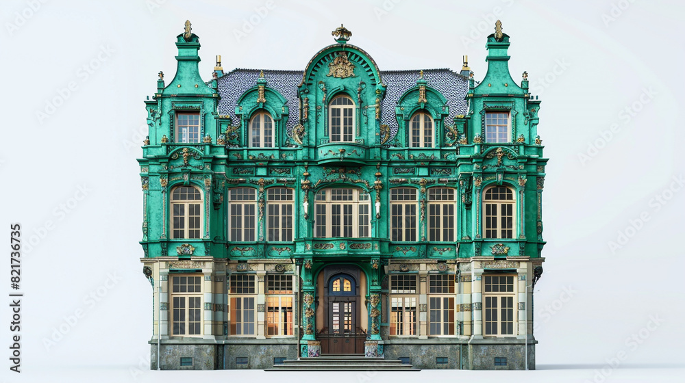 A 3D-rendered German townhouse with an emerald green facade, ornate windows, and a historical feel, presented on a white background.